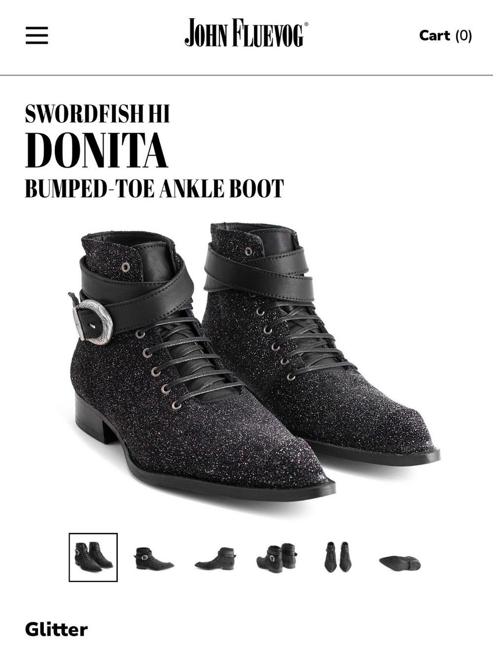 John Fluevog Donita Glitter Ankle Boots — Black Sparkle
